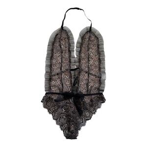 Adore Me Tulle Trim Black Lace Halter Bodysuit S